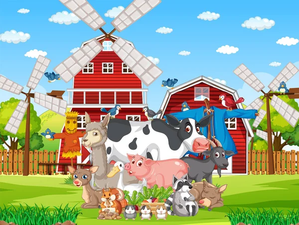 Granja Escena Con Muchos Animales Ilustración — Vector de stock