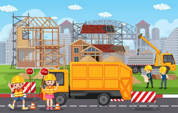 Construcción Obra Ilustración Los Trabajadores — Vector de stock