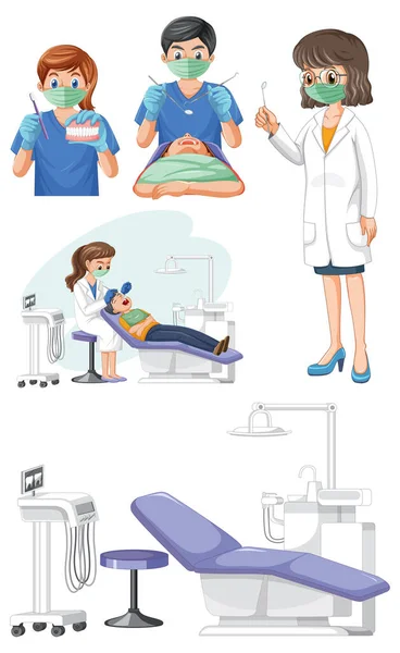 Conjunto Instrumentos Odontológicos Que Examinam Ilustração Dos Dentes Dos Pacientes —  Vetores de Stock