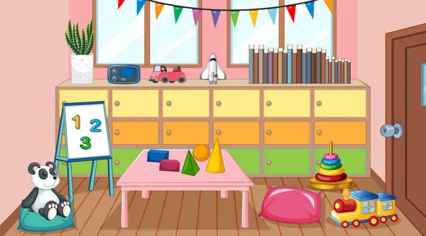 里面空荡荡的幼儿园教室里有许多儿童玩具插图 — 图库矢量图片