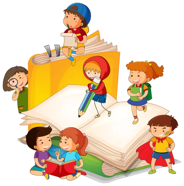 Bir çocuk bir yığın kitap illüstrasyonunda kitap okuyor.