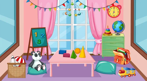 Intérieur Vide Classe Maternelle Avec Nombreux Jouets Pour Enfants Illustration — Image vectorielle