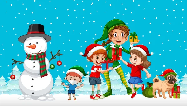 Karlı Mavi Arkaplanda Çizgi Film Tarzında Noel Elfi Çocuklar — Stok Vektör