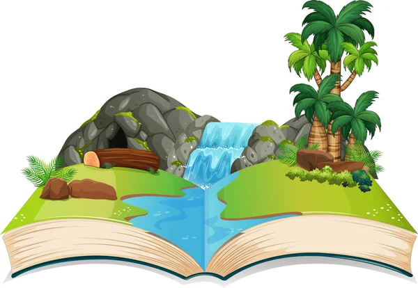Książka Wodospadem Drzewa Ilustracji Sceny — Wektor stockowy