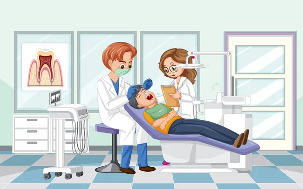 Hombre Dentista Examinando Los Dientes Del Paciente Ilustración Clínica — Archivo Imágenes Vectoriales