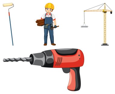 İnsan ve araçlarla çizilmiş inşaat işçisi