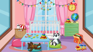 Anaokulu içi boş, içi çocuk oyuncakları resimleriyle dolu.