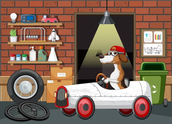 Pies Jazdy Samochodem Ilustracji Garażu — Wektor stockowy