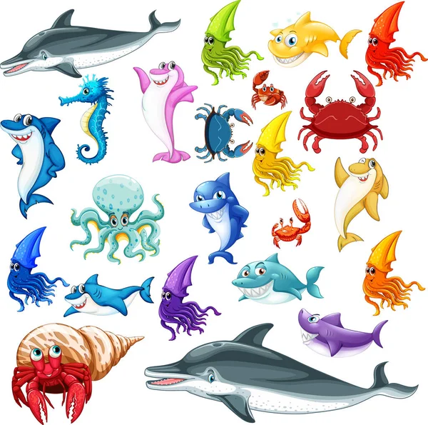 Deniz Hayvanlar Illüstrasyon Farklı Türleri — Stok Vektör