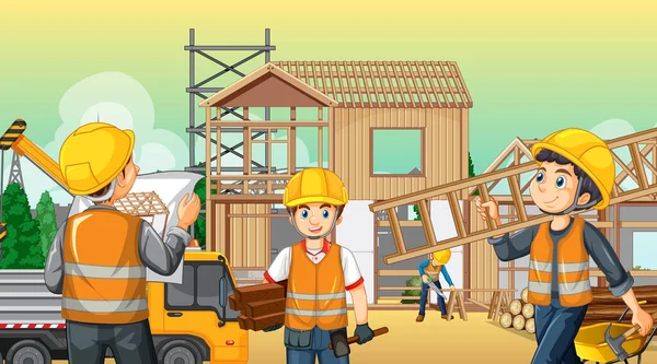 Construcción Obra Con Ilustración Los Trabajadores — Vector de stock