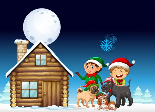 Snowy Winter Night Christmas Children Dogs Illustration — Stock Vector