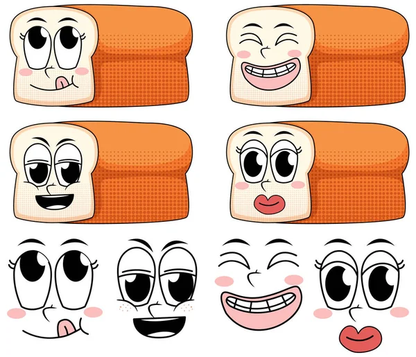 一套带有白背景插图面包的面部表情老式卡通画 — 图库矢量图片
