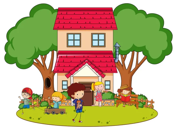 Ein Einfaches Haus Mit Kindern Der Natur Hintergrundillustration — Stockvektor