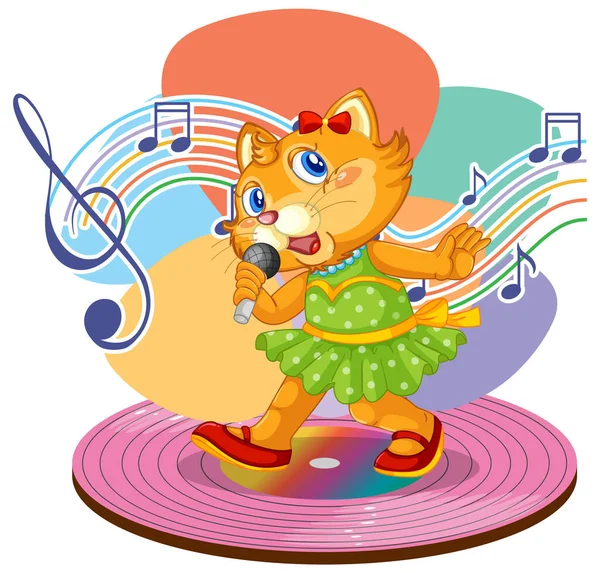 Τραγουδίστρια Γάτα Κινουμένων Σχεδίων Μουσική Μελωδία Σύμβολα Εικονογράφηση — Διανυσματικό Αρχείο