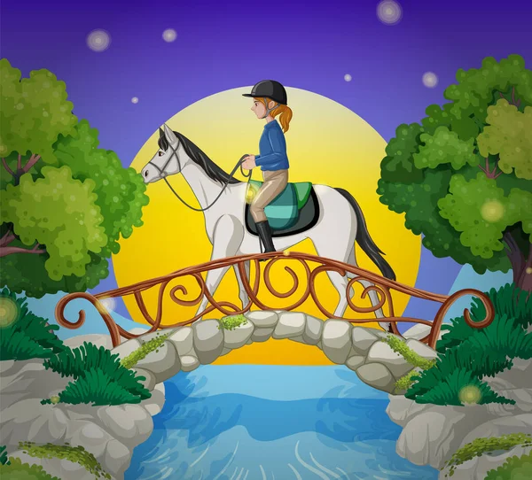 Uma Cena Menina Montando Cavalo Noite Ilustração — Vetor de Stock
