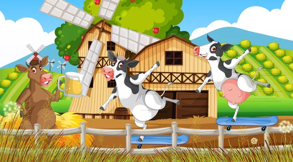 幸せな動物の漫画のイラストと屋外牛の農場のシーン — ストックベクタ
