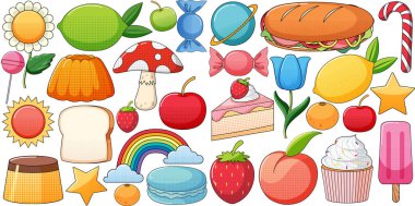 Beyaz arkaplan illüstrasyonunda klasik tarz çizgi film seti