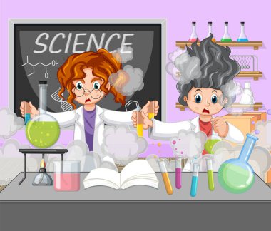 Laboratuvar illüstrasyonunda komik bilim adamı deneyi