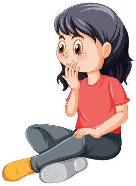 Beyaz arkaplanda oturan mutlu bir kız.