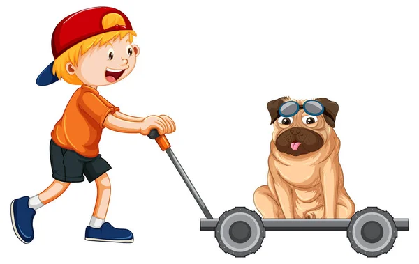 Pug Dog Resimli Arabasını Iten Bir Çocuk — Stok Vektör