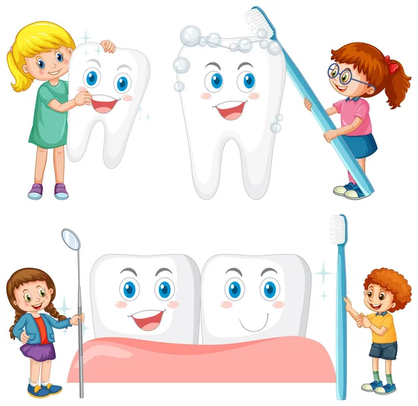 一组快乐的孩子拿着洁白背景图上的清洁牙齿设备 — 图库矢量图片