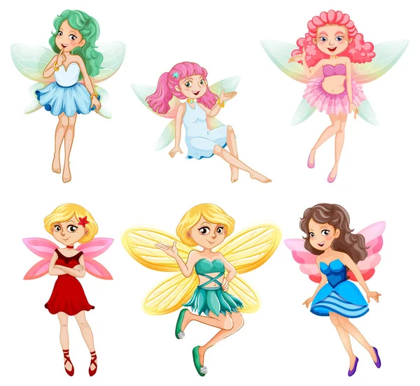 Ensemble Différentes Belles Fées Fille Dessin Animé Illustration Personnage — Image vectorielle