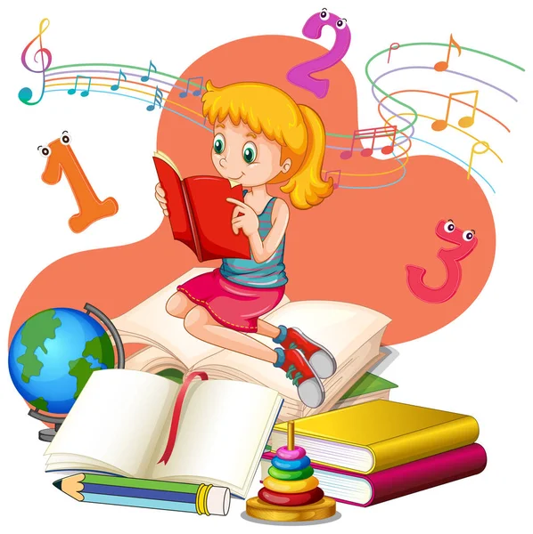 Een Meisje Dat Boeken Leest Een Stapel Boeken Illustratie — Stockvector