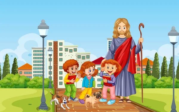 Jesus Crianças Parque Ilustração —  Vetores de Stock