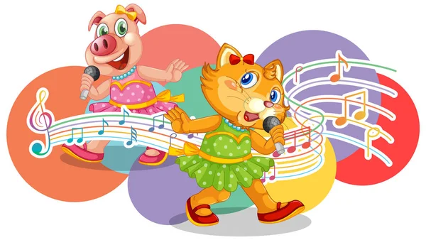 Sänger Katze Und Schwein Karikatur Mit Musik Melodie Symbole Illustration — Stockvektor