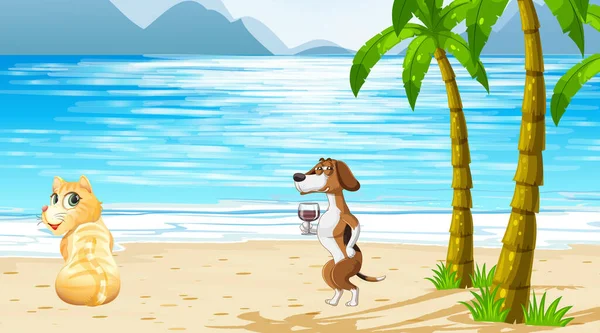 Soubor Různých Domácích Zvířat Pláži Scéna Ilustrace — Stockový vektor