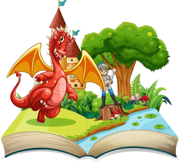 Livro Histórias Com Dragão Cavaleiro Ilustração —  Vetores de Stock