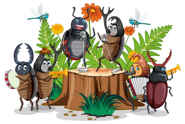 Happy Beetle Illustration Groupe Musique — Image vectorielle