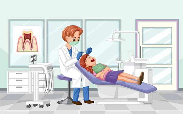 Zubař Vyšetřující Pacienta Zuby Klinice Ilustrace — Stockový vektor