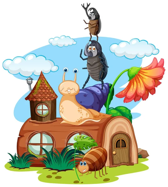 Fantasie Stomp Huis Met Slak Insect Illustratie — Stockvector