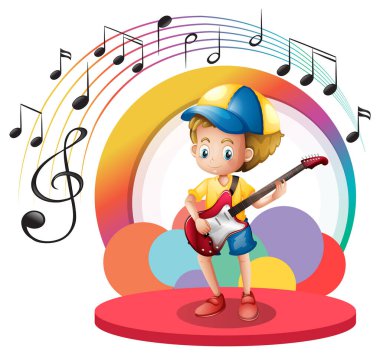 Gitar karikatürü çizen sevimli çocuk.