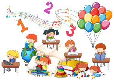 Bir çocuk bir yığın kitap illüstrasyonunda kitap okuyor.