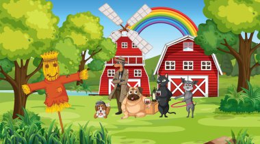 Çiftlik illüstrasyonunda farklı evcil hayvanlar.