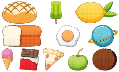 Beyaz arkaplan illüstrasyonunda klasik tarz çizgi film seti