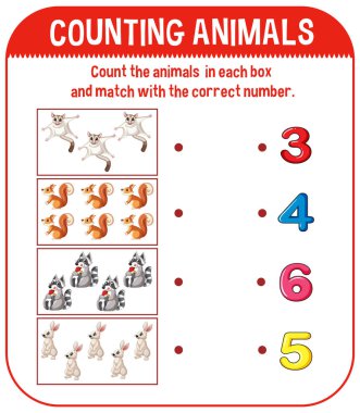 Hayvanlar illüstrasyon sayımı için çalışma sayfası Tasarım