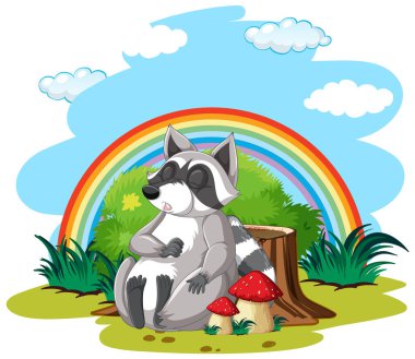 Bahçe resimlerinde uyuyan şişman rakun.