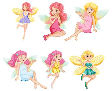 Farklı güzellikteki peri kızı çizgi film karakter çizimleri.