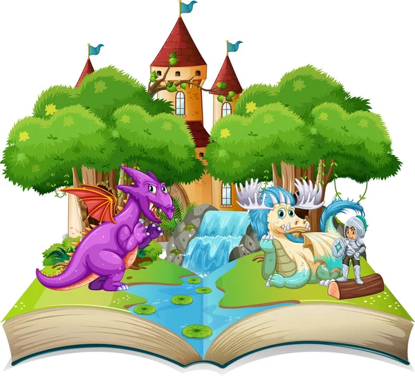 有龙和骑士场景的书 由城堡插图组成 — 图库矢量图片