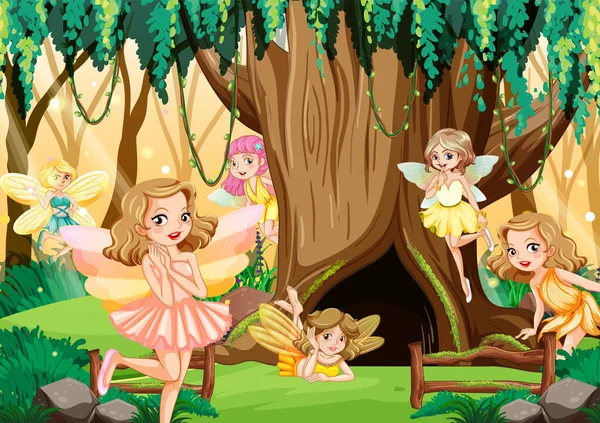 美しい妖精のイラストと幻想的な森のシーン — ストックベクタ