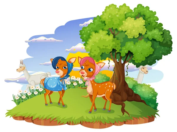 Isolated Forest Scene Deers Cartoon Style Illustration — Stock Vector