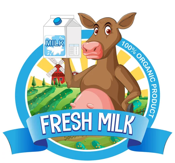 Cartoon Cow Fresh Milk Label Illustration — Stock Vector