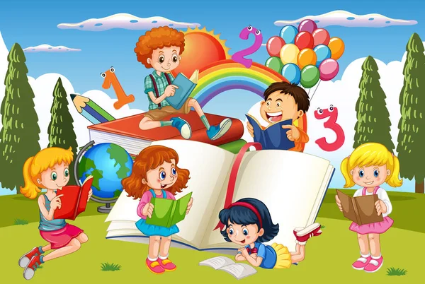 Egy Gyerek Könyveket Olvas Egy Halom Kerti Jelenet Illusztrációról — Stock Vector