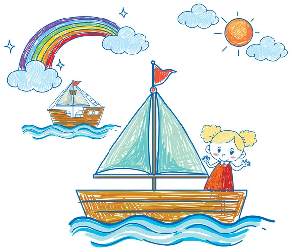 Coloured Hand Drawn Ship Girl Illustration — Stock Vector