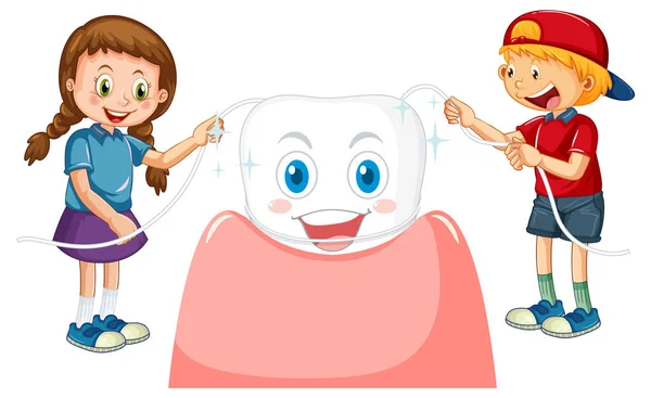 Barn Polerar Tänderna Med Tandtråd Vit Bakgrund Illustration — Stock vektor
