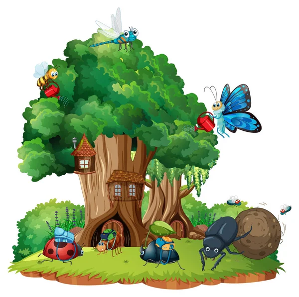 森のイラストの中の漫画昆虫と甲虫 — ストックベクタ