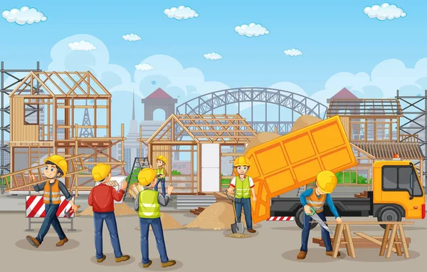Construcción Obra Con Ilustración Los Trabajadores — Vector de stock